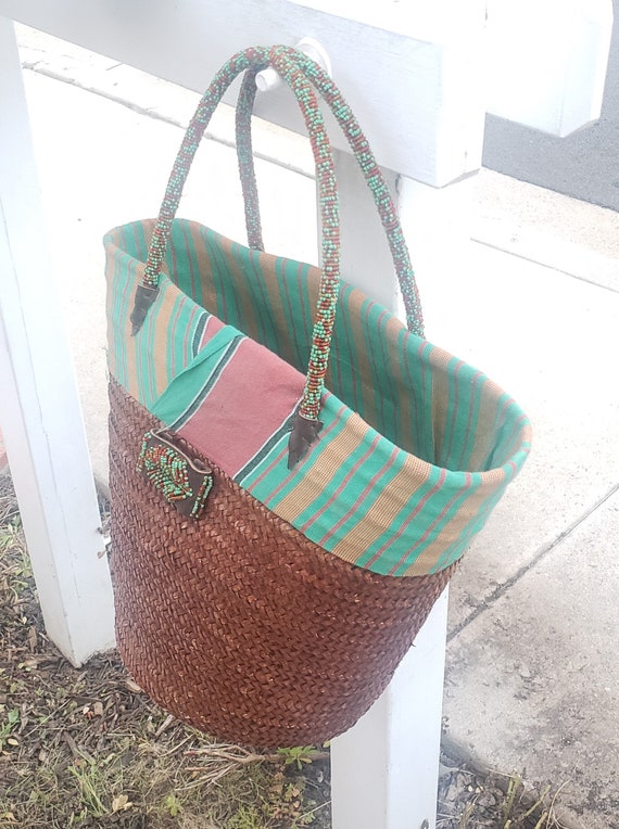 African Beaded Straw Bag Handwoven,Tote Beach Bag… - image 3