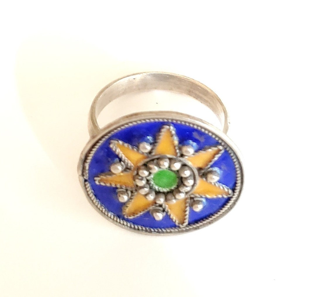 Moroccan Talismanic Berber Silver Enamel Ring Size 10, Tribal Jewelry ...