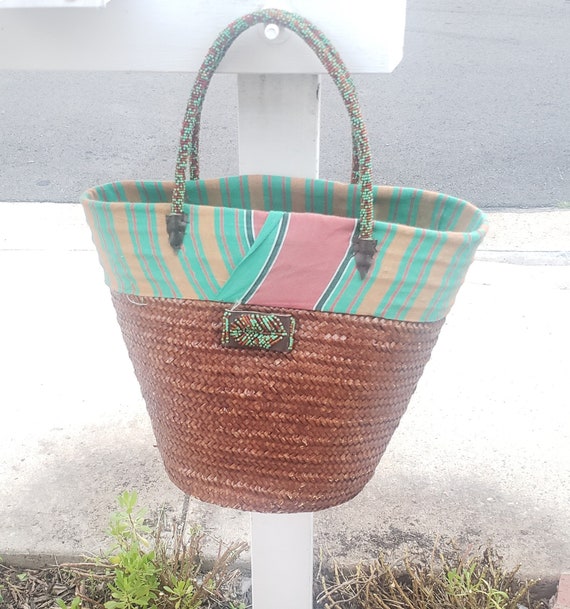 African Beaded Straw Bag Handwoven,Tote Beach Bag… - image 1