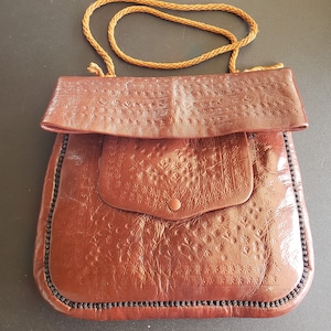 Vintage Berber leather bag, Morocco, cactus silk? brown embroidery, handmade, Boho, Vintage Leather Bag travel bag,Messenger Bag