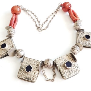 Antique Moroccan Berber natural red Coral Silver Pendants Necklace, Berber Necklaces,Ethnic Jewelry,Tribal Jewelry