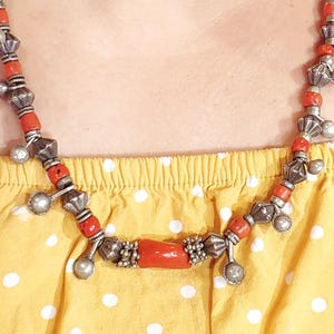 Antique Berber natural Coral Old Rajasthan India Silver Beads Necklace,Hand Crafted Silver,Pendants Necklace,Ethnic Jewelry,Tribal Jewelry