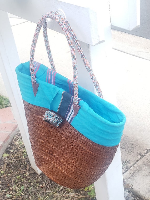 African Beaded Straw Bag Handwoven,Tote Beach Bag… - image 10