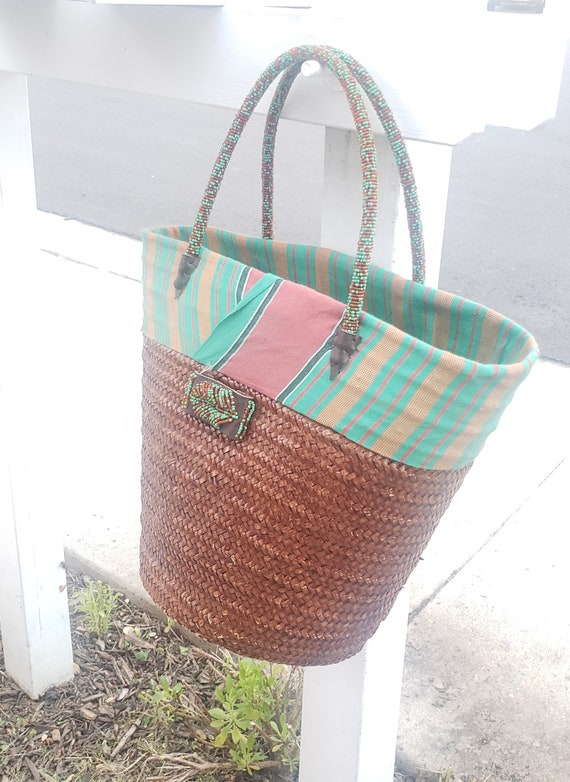 African Beaded Straw Bag Handwoven,Tote Beach Bag… - image 4