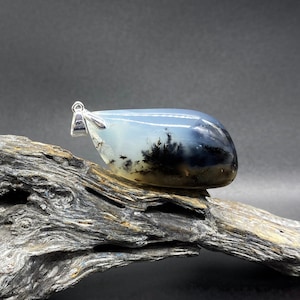 Può includere: Un ciondolo d'argento con una pietra di agata dendritica con un motivo bianco e nero nuvoloso. Il ciondolo è appoggiato su un pezzo di legno galleggiante.