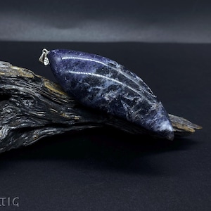 Puede incluir: Colgante de sodalita azul oscuro con una fianza plateada, apoyado sobre un trozo de madera flotante. La piedra tiene vetas blancas y grises. El fondo es negro y el texto "STEIN°ARTIG" es visible en la parte inferior.