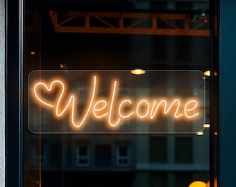 Welcome Neon Sign, Modern LED Decor for Cafe, Shop, Storefront with Heart