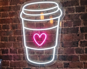 Heart Coffee Cup LED Neon Sign, Café Wall Light, Restaurant Decor