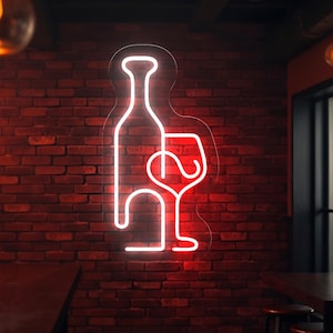 Peut inclure: Une enseigne au néon représentant une bouteille de vin et un verre à vin, éclairée en blanc vif sur un mur de briques rouges. L'enseigne est un simple contour, créant une esthétique moderne et minimaliste. L'arrière-plan comprend un cadre de bar avec un éclairage chaleureux.