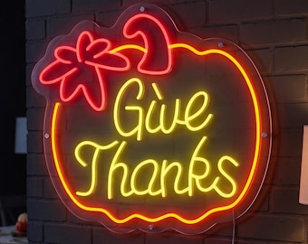 Pumpkin Give Thanks LED Neon Sign, Thanksgiving Wall Decor, Autumn Light