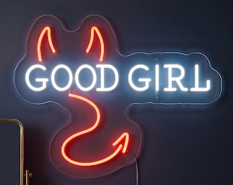 Good Girl Neon Sign, Devil Horns and Tail, LED Wall Light, Playful Bedroom Decor