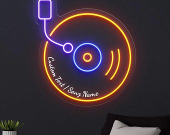 Vinyl Record Neon Sign: Custom Text or Song Name LED Light Up Decor, Retro Music Wall Art