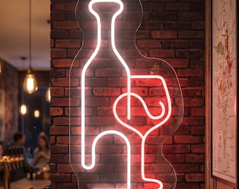 Wine Bottle and Glass Neon Sign, LED Light Up Sign for Bars, Pubs & Restaurants