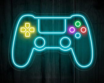 May include: A neon-style illustration of a video game controller. The controller is outlined in bright teal with yellow, green, purple, and red buttons. The background is a dark wood grain.