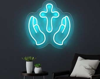Hands and Cross Neon Sign, Christian LED Wall Art, Prayer Hand Symbol Light, Religious Decor for Home or Church, Faith-Based Spiritual Gift