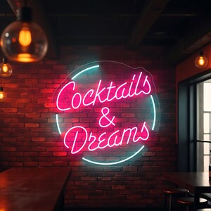 Neon sign featuring the phrase "Cocktails & Dreams" – the perfect LED light for cocktail bars, lounges, pubs, and home bars. This vibrant sign adds a fun and trendy touch to any space, making it ideal for nightlife venues, cocktail parties, and those who love to indulge in creative cocktails. A must-have for any bar or cocktail enthusiast looking to set the mood!