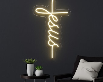 Jesus Neon Sign, Cross-Shaped LED Light, Religious Home Decor, Christian Wall Art, Faith Gift, Religious Decor for Home, Church, Prayer Room