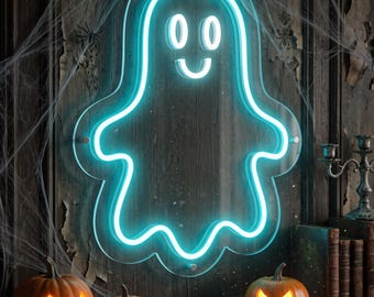 Smiling Ghost LED Neon Sign, Halloween Window Decor, Playful Party Light
