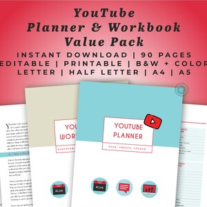 YouTube Planner and Workbook Value Pack | 90 Page Editable Video Content Organizer | Letter Half Letter A4 A5 Color B&W Digital Download