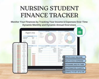 Nursing Student Finance Tracker Google Sheets Budget Planner Personal Finance Spreadsheet Income and Expense Dashboard Freelance Work