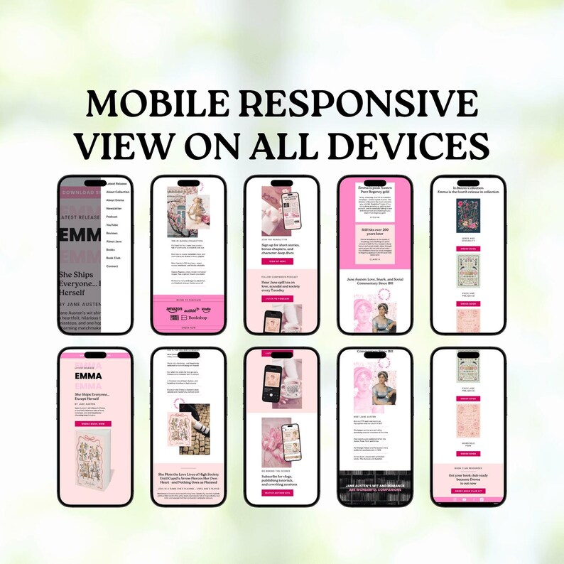 author website template, author website wix, author website canva, author website, author website squarespace, author logo, author instagram, author gifts, author media kit, author logo, author email template, author email newsletter, Authortube, BookTok, Bookstagram, Romance Author, Book Marketing, Author Marketing, Jane Austen, Emma, Jane Austen Emma, Puffin In Bloom, Book Launch Landing Page, Writer Book Promotion, Book Marketing, Author Brand, Pastel Pink, KTRDigitalDesign, PlotPointStudios