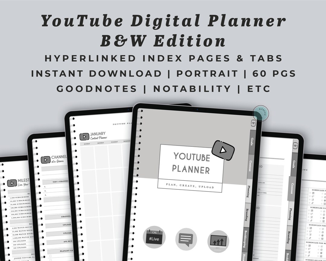 Youtube Digital Planner | B&amp;W Video and Content Hyperlinked PDF ...