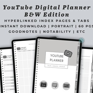 YouTube Digital Planner | B&W Video and Content Hyperlinked PDF | Digital Planner for GoodNotes, Notability, Xodo on iPad and Tablets