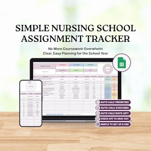 Può includere: Un tracker digitale per i compiti della scuola infermieristica, visualizzato su un laptop e uno smartphone. Lo schermo mostra un foglio di calcolo con i dettagli dei compiti. Il testo sull'immagine recita: "SIMPLE NURSING SCHOOL ASSIGNMENT TRACKER" e "No More Coursework Overwhelm".