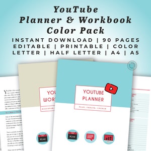 Planificador y cuaderno de ejercicios de YouTube, paquete de colores, organizador de contenido de video editable de 90 páginas, tamaño carta, media carta, A4, A5, descarga digital