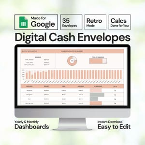 Puede incluir: Un monitor de computadora muestra una hoja de cálculo digital de sobres de efectivo. La hoja de cálculo muestra resúmenes presupuestarios, con secciones para comestibles, salir a cenar, combustible y cuidado personal. El texto incluye "Made for Google".
