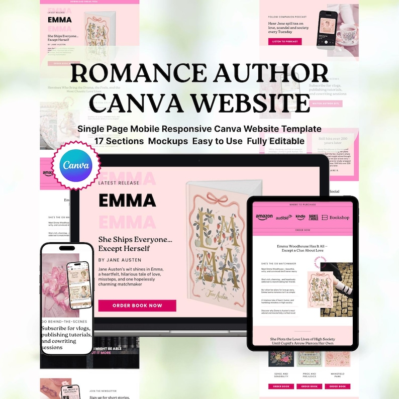 author website template, author website wix, author website canva, author website, author website squarespace, author logo, author instagram, author gifts, author media kit, author logo, author email template, author email newsletter, Authortube, BookTok, Bookstagram, Romance Author, Book Marketing, Author Marketing, Jane Austen, Emma, Jane Austen Emma, Puffin In Bloom, Book Launch Landing Page, Writer Book Promotion, Book Marketing, Author Brand, Pastel Pink, KTRDigitalDesign, PlotPointStudios