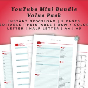 Może przedstawiać: Pakiet do pobrania cyfrowego z drukowanymi stronami planera YouTube. Pakiet zawiera tygodniowy plan treści, plan dzienny, listę rzeczy do zrobienia i listę kontrolną wideo. Strony są dostępne w czerni i bieli oraz w kolorze, a także w rozmiarach letter, half letter, A4 i A5.