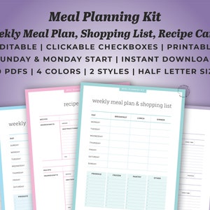 Kit de plano de refeições: cartões de receitas de lista de compras de plano de refeições semanais editáveis | Início de domingo e segunda-feira | Preenchável e clicável | 20 PDFs de meia letra