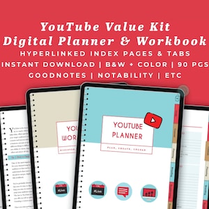 Może przedstawiać: Cyfrowy planer i zeszyt ćwiczeń dla twórców YouTube. Okładka prezentuje projekt w kolorze niebieskim i białym z tekstem "YouTube Planner" i czerwoną ikoną przycisku odtwarzania. Planer zawiera hiperłączone strony indeksowe i zakładki, a także jest dostępny w wersji czarno-białej lub kolorowej. Jest kompatybilny z GoodNotes, Notability i innymi aplikacjami do robienia notatek.