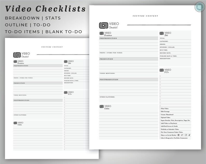 Youtube Mini Bundle B&W Version | 5 Page Editable Video Checklists ...