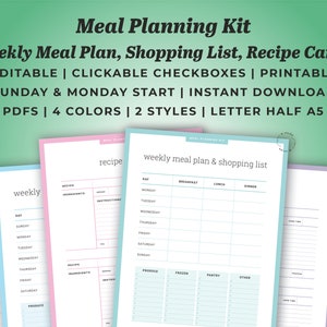 Kit de planejador de refeições: cartões de receitas de lista de compras de plano de refeições semanais editáveis | Início de domingo e segunda-feira | Preenchável e clicável | Carta Meio A5 A4 PDFs
