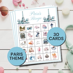 Jogo de cartas de bingo de Paris para impressão, jogo de tabuleiro de bingo de viagem 30 France, atividade de sala de aula de bingo de Paris, jogo infantil para impressão de verão parisiense