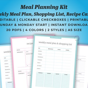 Kit para impressão do planejador de refeições: cartões de receitas de lista de compras de plano de refeições semanais editáveis | Início de domingo e segunda-feira | Preenchável e clicável | 20 PDFs A5