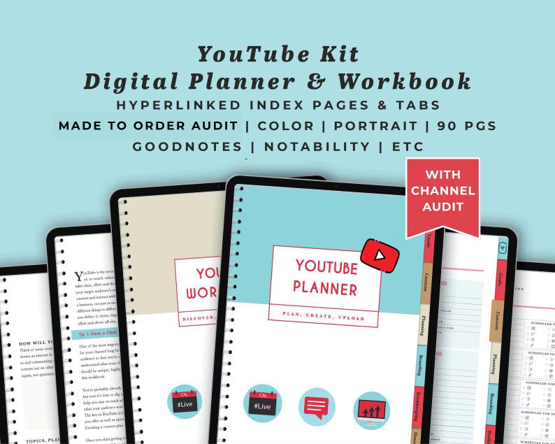 Youtube Digital Planner and Workbook Kit With Channel Audit Video & Content Hyperlinked Pdfs in ...