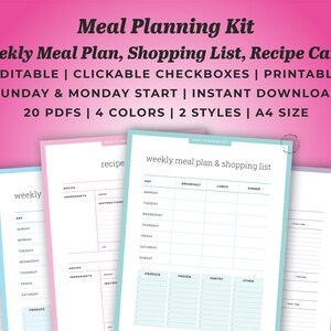 Kit de plano de refeições para impressão: cartões de receitas de lista de compras de plano de refeições semanais editáveis | Início de domingo e segunda-feira | Preenchável e clicável | 20 PDFs A4