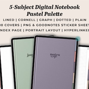 5 Subject Digital Notebook | 5 Paper Styles, 10 Covers & Digital Stickers | 5 Subject Pastel Digital Journal for GoodNotes Notability iPad