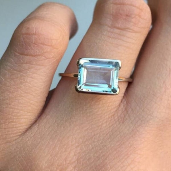 Natural Aquamarine 925 sterling silver ring engagement ring ,promise ring ,wedding ring 5.25 ct emerald cut aquamarine ring