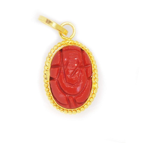 7.25 Ratti Natural Certified  Sterling Silver gold plated Ganesh ji pendent / Locked Red Coral Oval Gemstone Handmade Locket  Men & Women