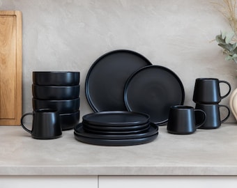 Handmade Ceramic Dinnerware Set, For 6 persons, Matte Black Dinner Tableware Set , Japandi Style Design Stoneware, Plates Bowls and Cups
