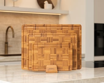 Bamboo Wood Cutting Board Set, 3-Piece Kitchen Set with Holder, Japandi Home Design Style Decor, FSC Sustainable, Deleca Bali