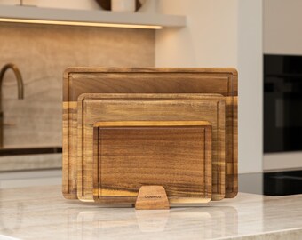 Acacia Wood Cutting Board Set, 3-Piece Kitchen Set with Holder, Serving, Cheese & Tapas Boards, FSC Sustainable, Deleca Sevilla