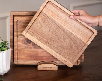 Acacia Wood Cutting Board Set with Holder: Kitchen & Charcuterie