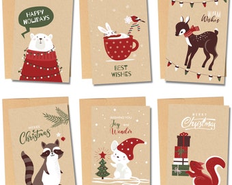 Paquete de 36 Tarjetas de Felicitación de Feliz Navidad - Con Sobres - Vacaciones de Navidad 2023 - 6 Diseños de Tarjetas Únicos - Papel Kraft FSC