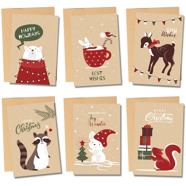 Pack de 36 cartes de vœux Joyeux Noël – Avec enveloppes – Vacances de Noël 2023 – 6 modèles de cartes uniques – Papier kraft FSC