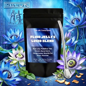 May include: A black pouch with the text "Fluid Jelly's Lucid Blend" and a list of ingredients. A metal straw and blue and purple flowers are in the image. The background has Egyptian hieroglyphs and flowers.